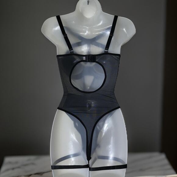 New Large Strappy Goth Vegan Leather Dress Outfit Bodysuit Mesh Skirt Set Sexy - Picture 8 of 9